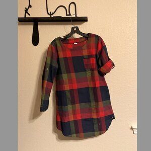 SHEIN Red Plaid Shift Dress with Shirt-tail hem and Roll-up sleeves - Size S